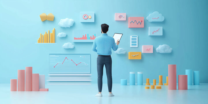 3D scene with business manager optimizing tasks using advanced digital tools for workplace productivity