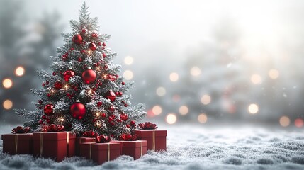 Obraz premium 3D rendered Christmas tree with gifts, red baubles, and soft lighting in white minimal space 