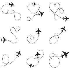 Airplane line path travel line icon set. Airplane path in dotted line shape. Airplane routes set. Romantic travel, heart dashed line trace and plane routes Vector Black silhouettes.