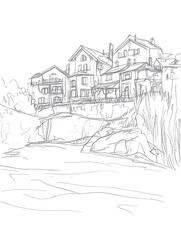Fototapeta premium Coastal village sketch: Houses perch on cliffs above water rendered in delicate lines with simplified architectural details.