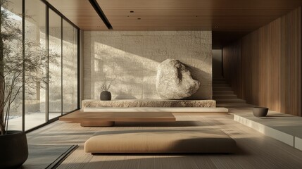 Modern minimalist interior with natural stone feature