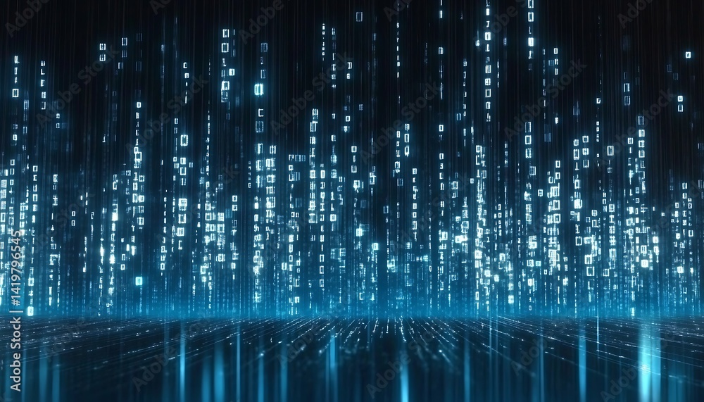 Poster blue binary code pours down in a mesmerizing digital rain, creating an abstract backdrop filled with