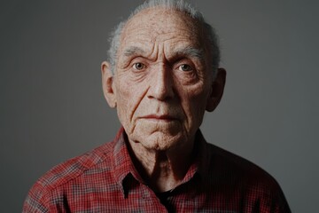 Obraz premium Elderly man with deep wrinkles and a serious expression wearing a plaid shirt