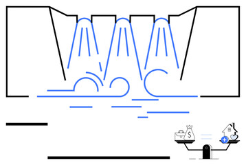 Water flows from a dam representing energy generation coupled with icons of money, healthcare, and home rewards. Ideal for sustainability, energy, finance, water resources, utility benefits
