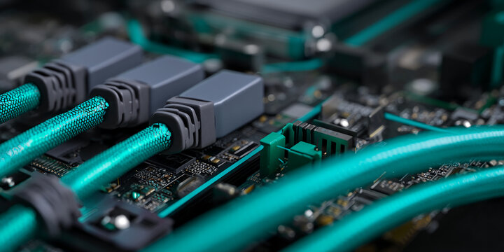 Close-up of teal cables connected to a circuit board, showcasing technological detail and connection, symbolizing high-speed data transfer and advanced technology - Powered by Adobe