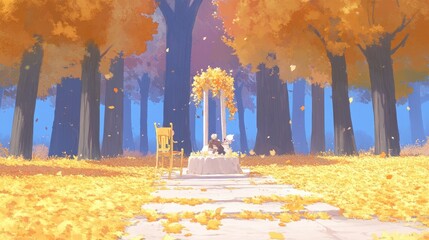 Autumn Serenity Figures beneath gold canopy amidst tall trees  scattered leaves