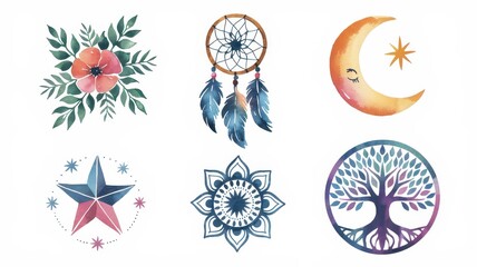 Watercolor designs featuring dream catchers, celestial symbols, and floral elements.
