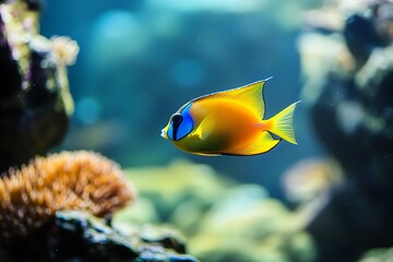 Vibrant Yellow And Blue Fish Swimming Near Coral Reef Underwater