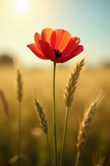 Single red flower, tall wheat stem, sunlit field , growth, sun