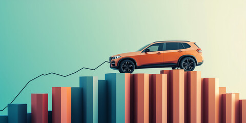3D SUV parked on profit chart peak representing wealth growth and financial success through effective business planning