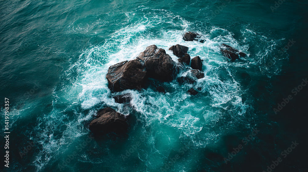 Poster Aerial view of dark rocks in teal ocean waves, creating a dynamic and powerful scene symbolizing nature's force and beauty, ideal for travel or nature concepts