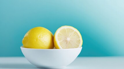Fresh lemons in a white bowl against a teal background