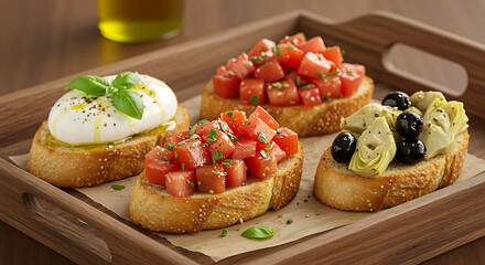 A wooden tray showcasing four bruschetta variations, topped with fresh ingredients such as tomato, burrata, artichokes, and olives. 