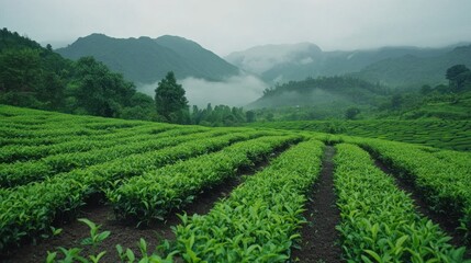 A scenic shot of a tea plantation with rows of vibrant green tea plants stretching across a hill, surrounded by misty mountains in the background, capturing the beauty of tea farming.