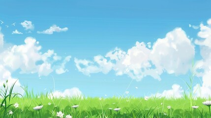 Obraz premium Grassland and White Clouds Natural Background: A Serene Tapestry of Earth and Sky