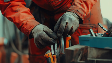 Petroleum worker cleaning tools at a drilling site. Featuring tool maintenance