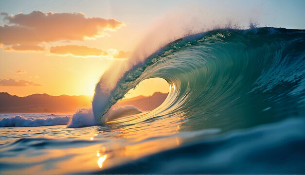 A powerful wave breaks at sunset with mountains in the background