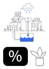 Rooftop solar panels and rainwater collection system above buildings with storage tank, percentage symbol, and potted plant. Ideal for sustainability, environment, energy, water conservation, urban