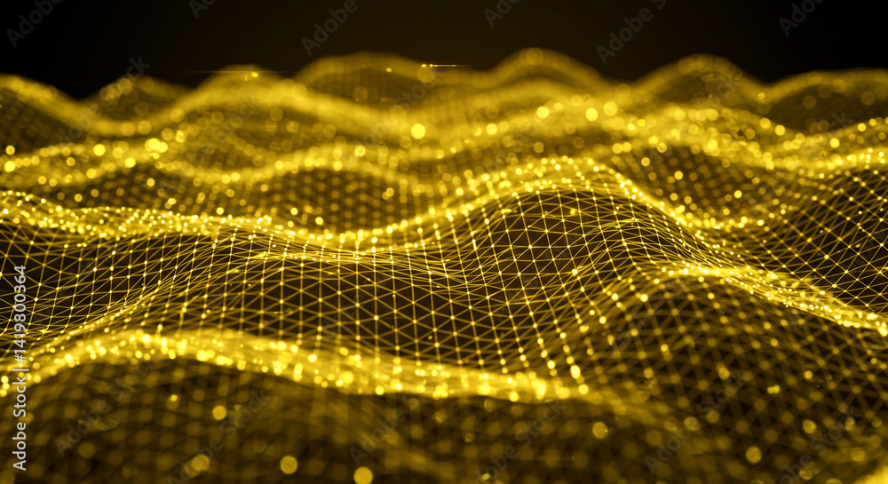 Wall mural golden abstract network with triangular mesh and glowing dots on a dark background surface