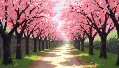 A serene pathway lined with blooming cherry blossom trees