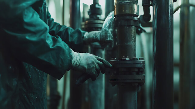 Petroleum worker maintaining oil filtration system on offshore rig. Featuring system maintenance