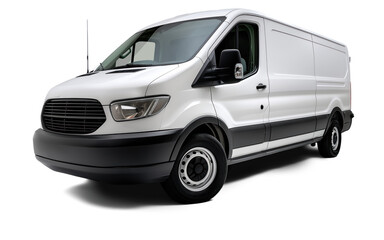 Modern fictional white cargo van front left side corner angle view, isolated on white or transparent background