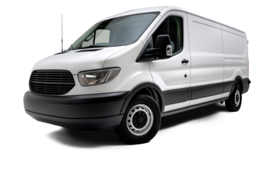 Modern fictional white cargo van front left side corner angle view, isolated on white or transparent background