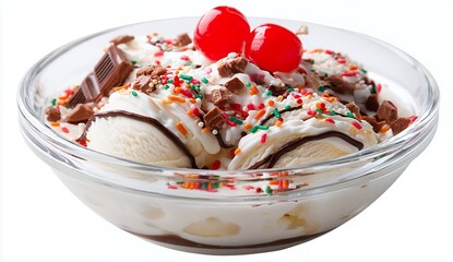 Vanilla Ice Cream Sundae with Chocolate and Sprinkles in Glass Bowl