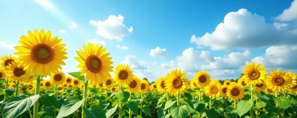 Tall sunflowers stretching towards a cloudless sky , warm, element, resource