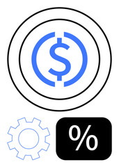 Dollar sign inside a circle, gear, and percentage symbol illustrating economic strategy, financial management, optimization, calculations, business analytics. Ideal for economy, business growth