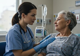 Obraz premium A compassionate nurse comforts a senior patient in a hospital room, offering care and support.