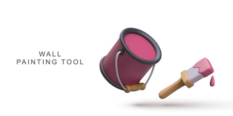 Painting Tool With Paint Bucket And Brush, Home Renovation And Wall Decoration In 3D Cartoon Style, Perfect For DIY And Construction Themes, Vector Illustration.