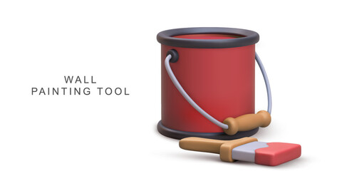 Painting Tools With Red Paint Bucket And Brush In 3D Cartoon Style, Ideal For Home Renovation, DIY, And Wall Decoration Projects, Colorful Creative Vector Illustration.