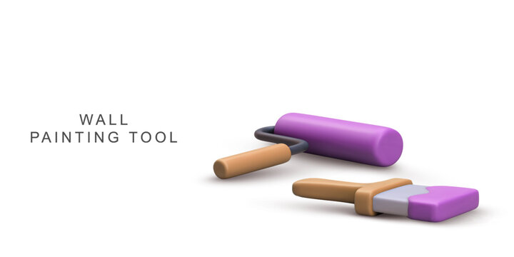 Painting Tools With Roller And Brush In Vibrant 3D Cartoon Style, Perfect For Home Renovation, DIY, and Wall Decoration Projects, Colorful And Creative Vector Illustration.