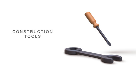 Construction Tools With Screwdriver And Wrench For DIY, Repair, Home Improvement, Workshop, Maintenance, Building Concept, Clean Minimal 3D Render, Isolated On White, Vector Illustration.