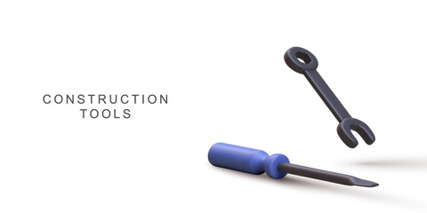 Construction Tools With Wrench And Screwdriver For DIY, Repair, Home Improvement, Workshop, Building, Engineering Concept, Clean 3D Render, Isolated On White, Vector Illustration.