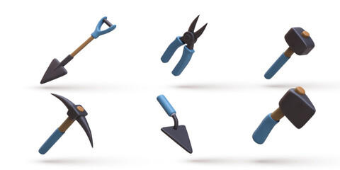 Construction Tools 3D Icons, Shovel, Hammer, Pickaxe, Pliers, Trowel, Heavy Duty Equipment For Building, Repair, Mining, DIY Projects, Isolated On White Background, Vector Illustration.