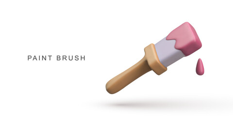 Paint Brush With Pink Paint Drop For Art, DIY, Craft Projects, Decorating, Renovation In Clean 3D Minimal Style On White Background, Vector Illustration.