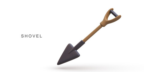 Shovel Tool For Gardening, Construction, Digging, Landscaping And Outdoor Work In Clean Minimal 3D Design On White Background, Vector Illustration.
