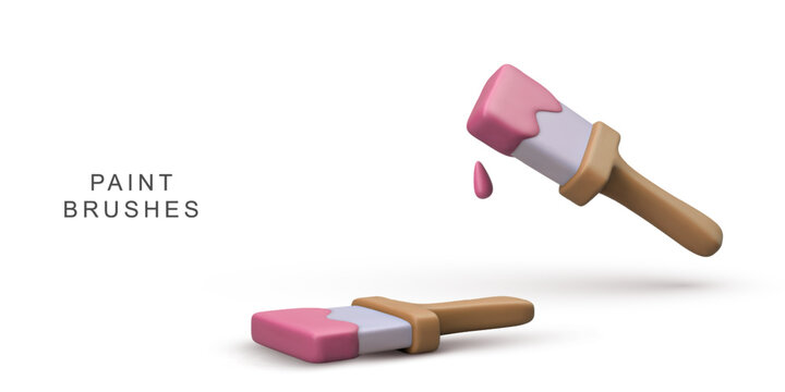 Paint Brushes With Pink Paint Dripping For Home Renovation, DIY Art Projects, Decorating, Repair, Modern Minimal 3D Style On White Background, Vector Illustration.