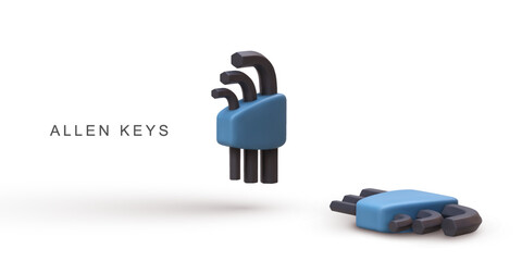 Hex Key Tool 3D Icon, Allen Wrench Set For Repair, Assembly, Construction, Mechanical Work, DIY Equipment, Handheld Tools Minimal Concept, Isolated On White, Vector Illustration.