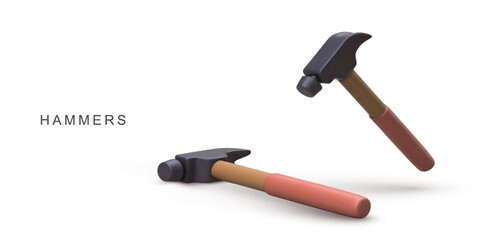 Hammer Tool With Wooden Handle And Metal Head For Construction, Carpentry, DIY Home Repair, And Building Projects In Minimal 3D Style On White Background, Perfect For Workers, Vector Illustration.