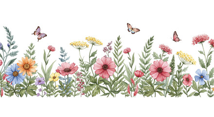 Watercolor floral border with pink, yellow, and blue flowers and butterflies on a white background