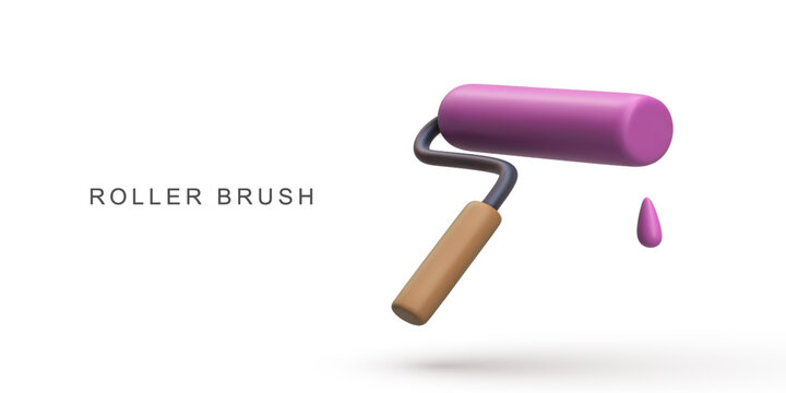 Paint Roller Brush 3D Icon, Minimal Cartoon Illustration Of Decorating Tool For Painting Walls, Renovation, DIY Projects And Construction Work, Isolated On White Background, Vector Illustration.