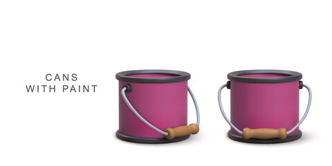 Paint Cans For Renovation, Decoration, DIY Projects, And Interior Design, Full Buckets Of Color With Handles On White Background, Vector Illustration.