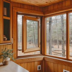 Fototapeta premium Rustic Cabin Window Autumn Forest View