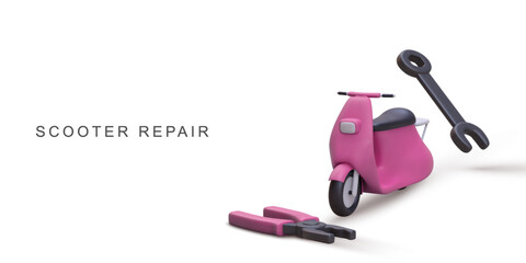 Scooter Repair And Maintenance Concept, Motorbike Service And Mechanical Tools, Modern Transportation Fix Scene In 3D Cartoon Style, Vector Illustration.