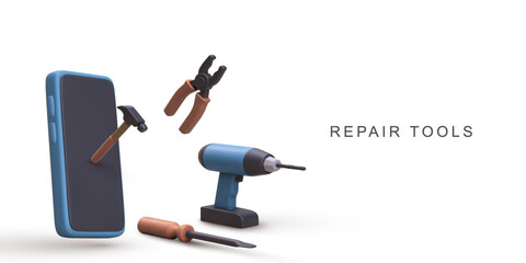 Repair Tools And Smartphone Concept, Mobile Device Fix And Electronic Maintenance, Construction Tools And Technology Support Scene, 3D Illustration, Vector Illustration.