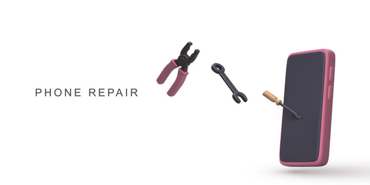 Phone Repair With Tools, Smartphone Maintenance And Electronic Device Fix Concept, Mobile Technology Service Equipment, 3D Gadget Repair Scene, Vector Illustration.