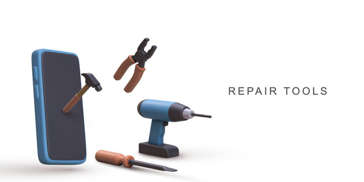 Repair Tools And Smartphone Concept, Mobile Device Fix And Electronic Maintenance, Construction Tools And Technology Support Scene, 3D Illustration, Vector Illustration.